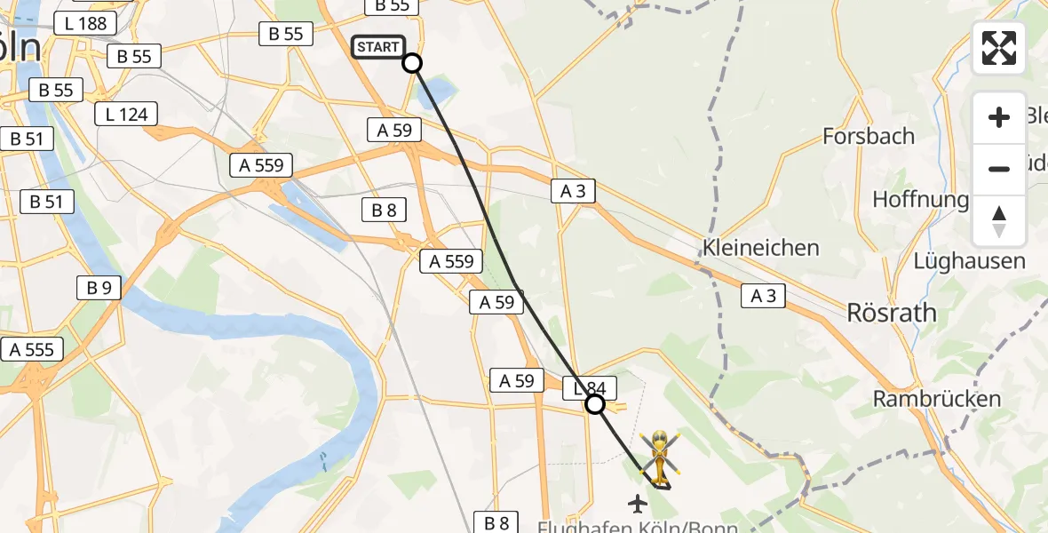 Flugroute Ambulanzhubschrauber Merheim Hospital - Köln Bonn Flughafen, 08 Mai 2026, 09:54
