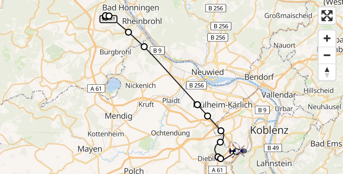 Flugroute Polizeihubschrauber Bad Breisig - Koblenz-Winningen Flugplatz, 08 Mai 2026, 09:55