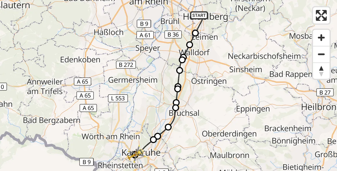 Flugroute Rettungshubschrauber Heidelberg - Sankt Vincentius Hospital, 08 Mai 2026, 09:58