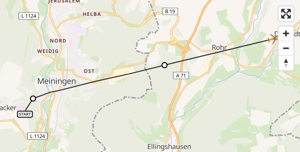 Flugroute Rettungshubschrauber Helios Clinic Meiningen - Dillstädt, 08 Mai 2026, 10:00