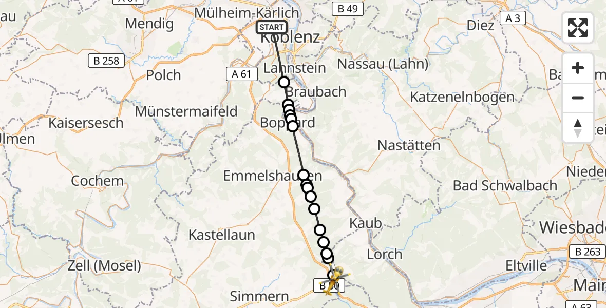 Flugroute Rettungshubschrauber Koblenz - Dichtelbach, 08 Mai 2026, 10:07
