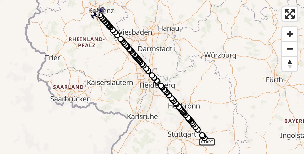 Flugroute Polizeihubschrauber Göppingen - Koblenz-Winningen Flugplatz, 08 Mai 2026, 10:15