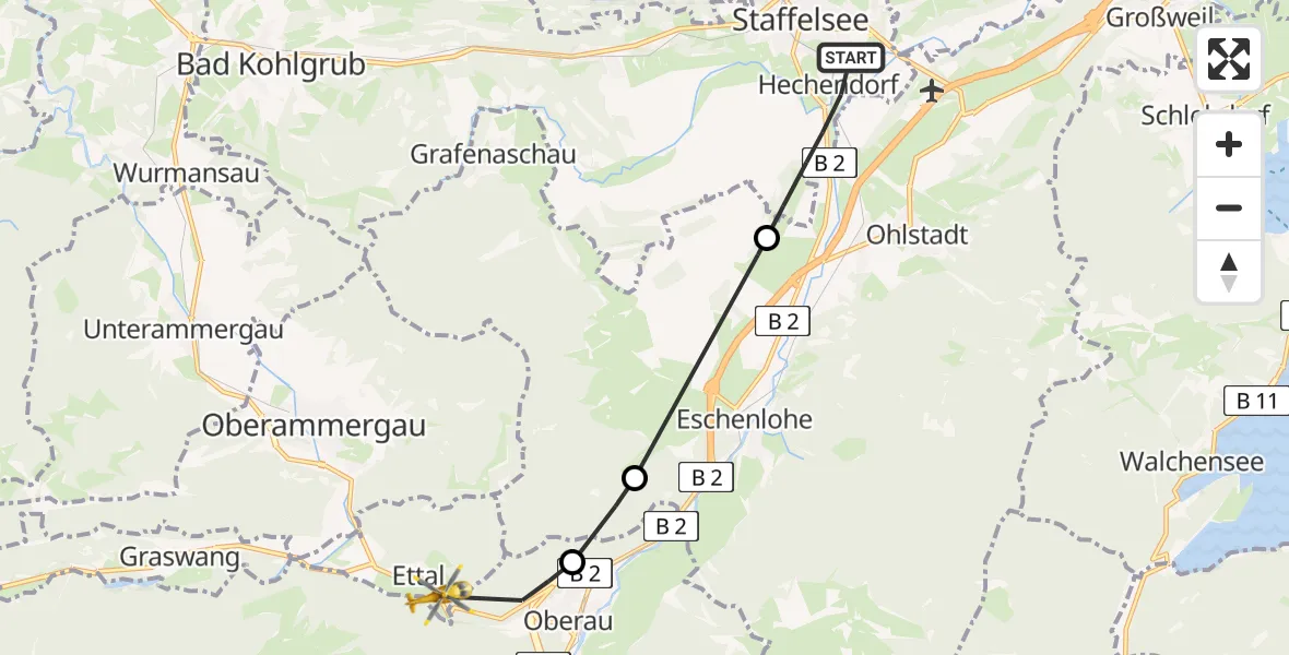 Flugroute Rettungshubschrauber Murnau a.Staffelsee - Ettal, 08 Mai 2026, 10:16