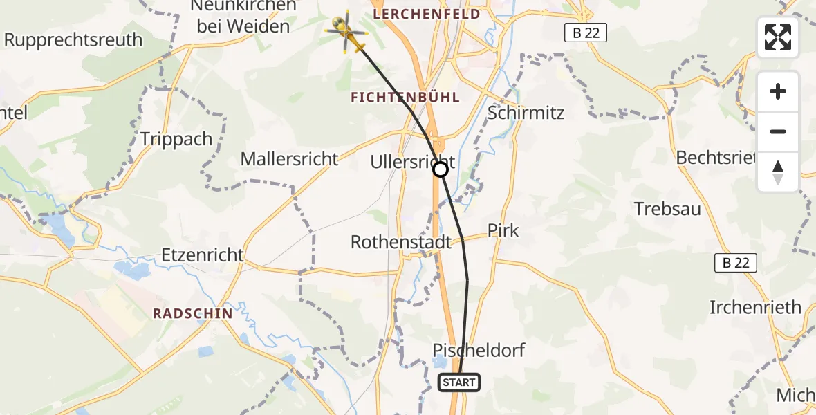 Flugroute Rettungshubschrauber Pirk - Weiden i.d.OPf., 08 Mai 2026, 10:21