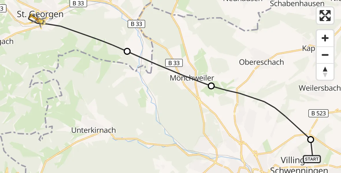 Flugroute Ambulanzhubschrauber DRF Air Rescue Station Villingen-Schwenningen Hubschrauberlandeplatz (Christoph 11) - St. Georgen im Schwarzwald, 08 Mai 2026, 10:25