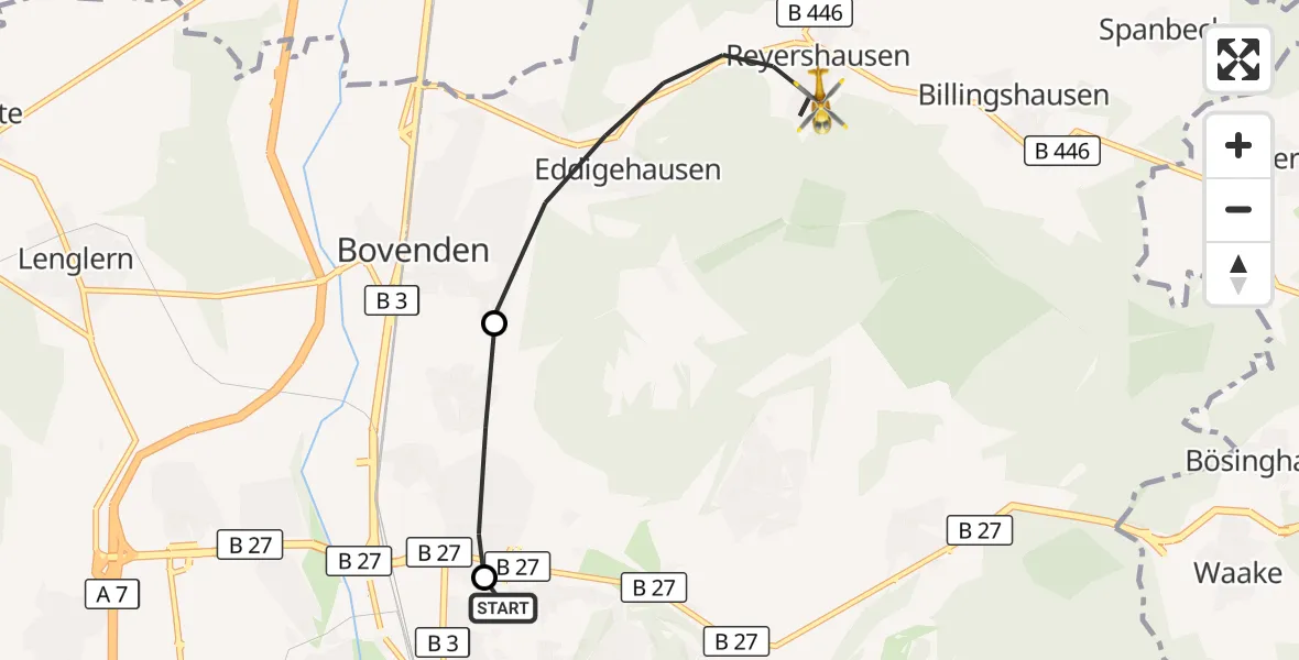 Flugroute Rettungshubschrauber Göttingen University Clinic Hubschrauberlandeplatz - Bovenden, 08 Mai 2026, 10:32