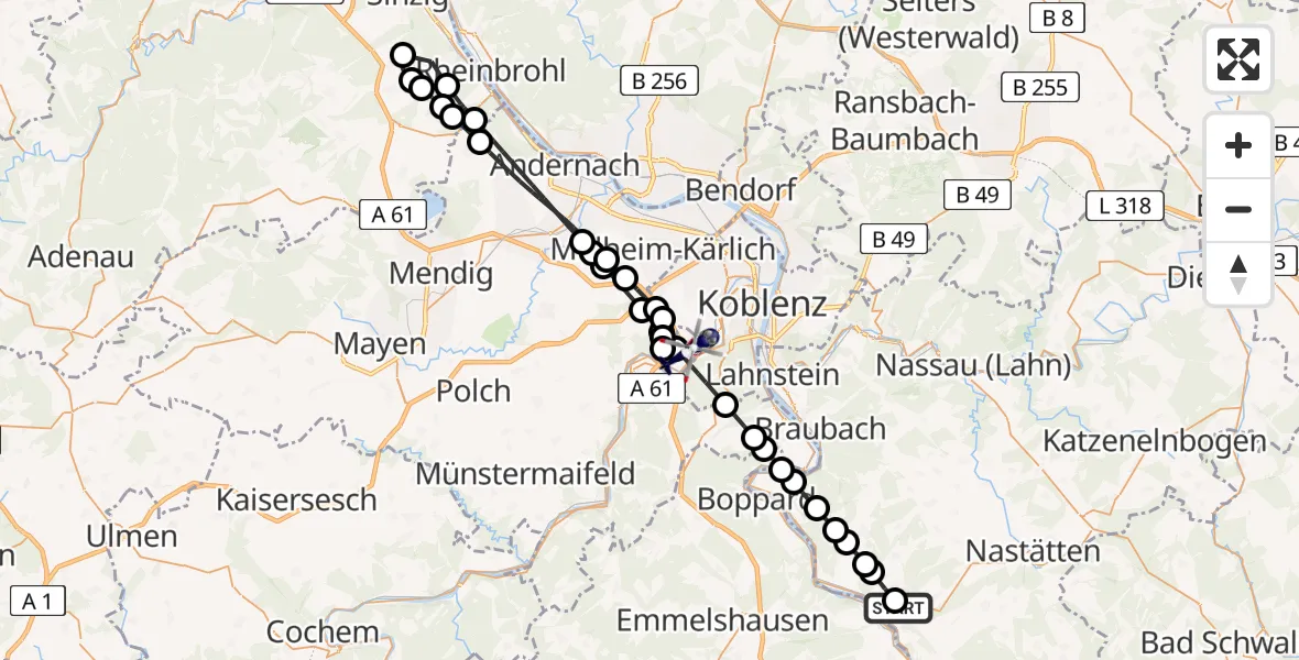 Flugroute Polizeihubschrauber Lierschied - Winningen, 08 Mai 2026, 10:34