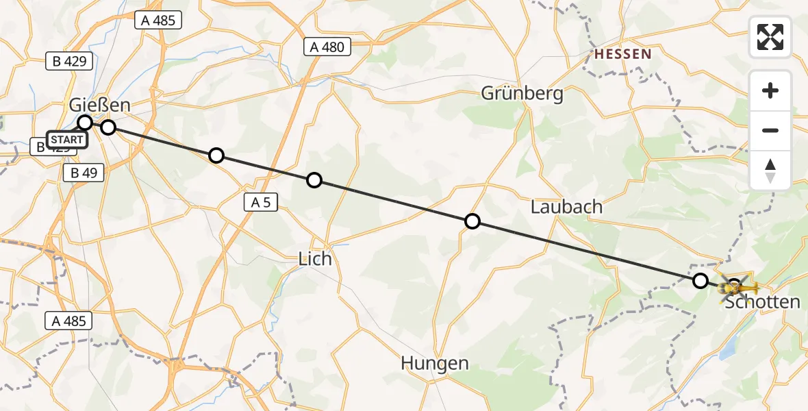 Flugroute Rettungshubschrauber Gießen - Schotten Hubschrauberlandeplatz, 08 Mai 2026, 10:39