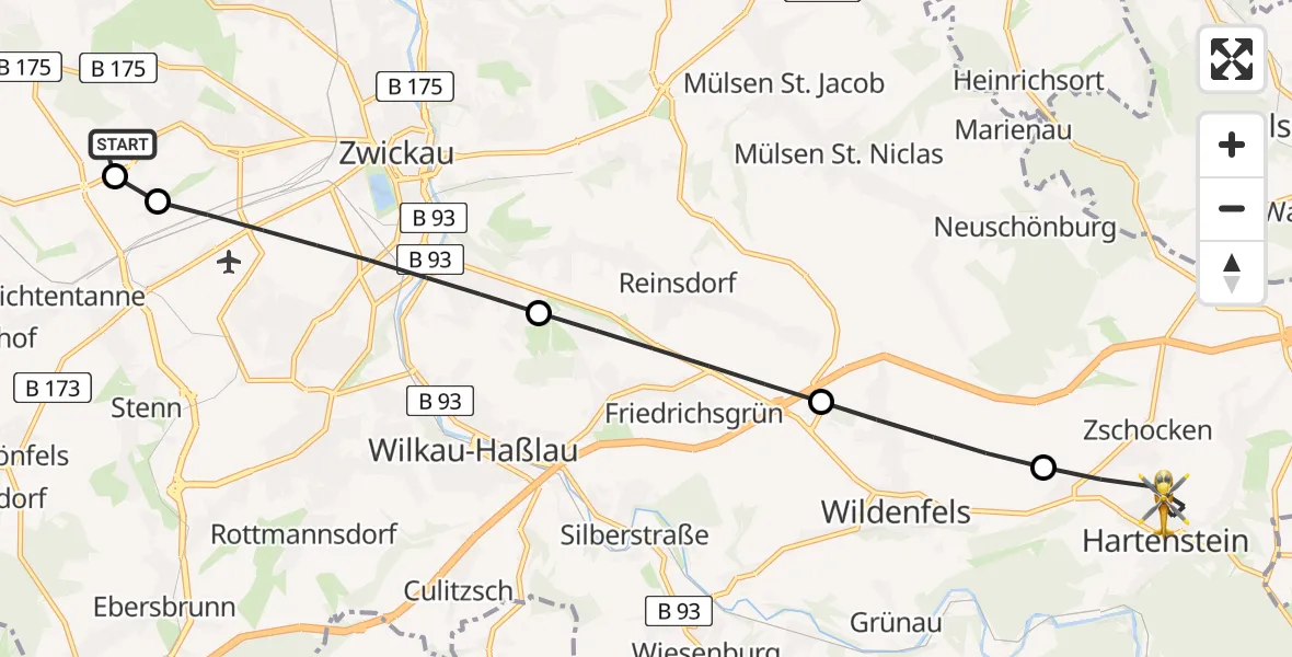 Flugroute Rettungshubschrauber ADAC Air Rescue Station Zwickau Hubschrauberlandeplatz - Hartenstein, 08 Mai 2026, 10:41