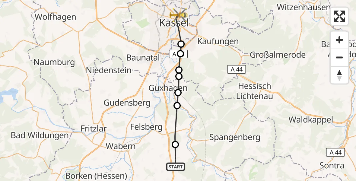 Flugroute Rettungshubschrauber Malsfeld - Kassel, 08 Mai 2026, 10:45