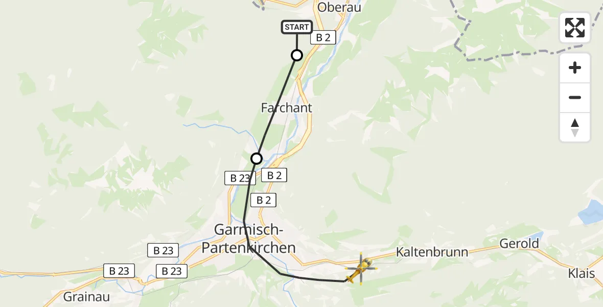 Flugroute Rettungshubschrauber Oberau - Garmisch-Partenkirchen, 08 Mai 2026, 10:48