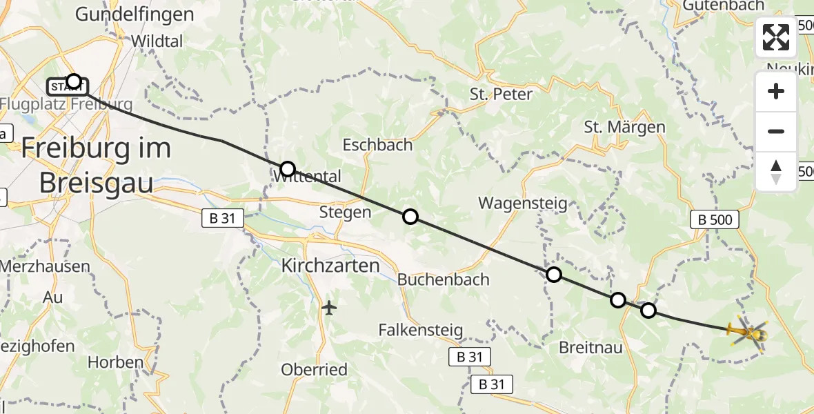 Flugroute Rettungshubschrauber Freiburg im Breisgau Flugplatz - Breitnau, 08 Mai 2026, 10:49