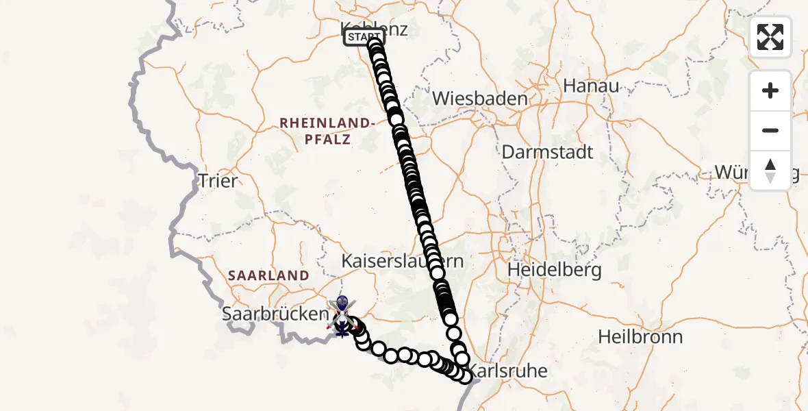 Flugroute Polizeihubschrauber Koblenz - Zweibrücken, 08 Mai 2026, 10:50