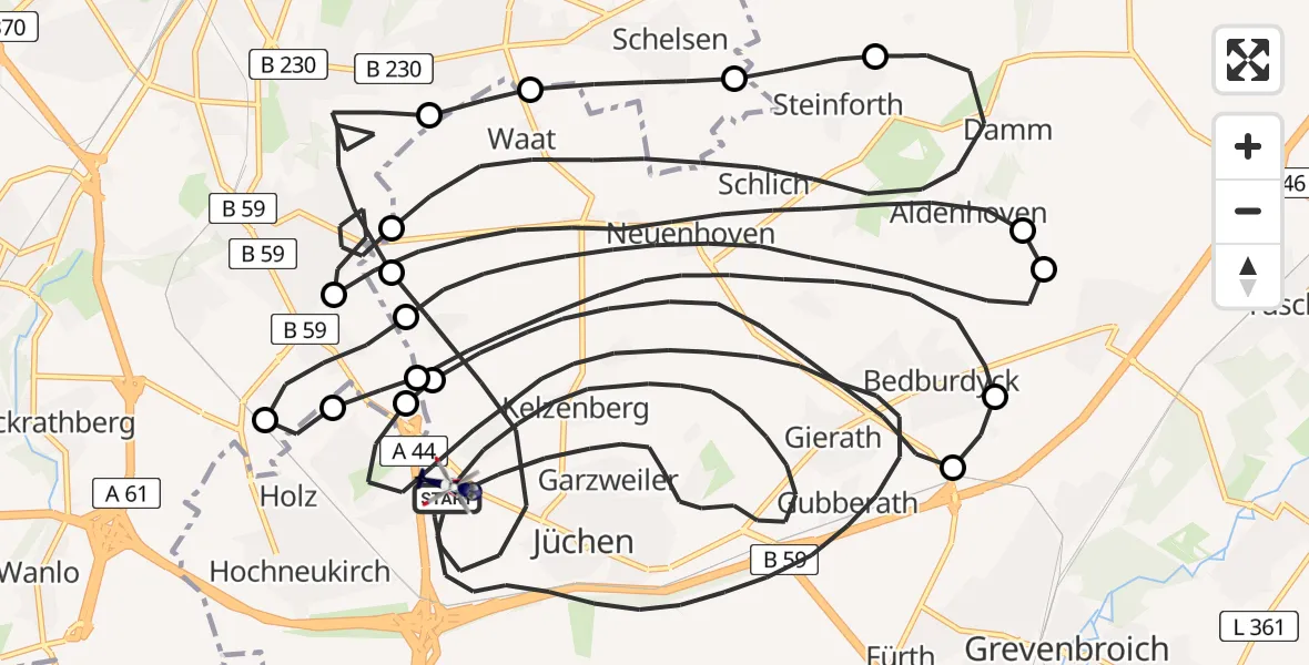Flugroute Polizeihubschrauber Jüchen - Jüchen, 08 Mai 2026, 10:53