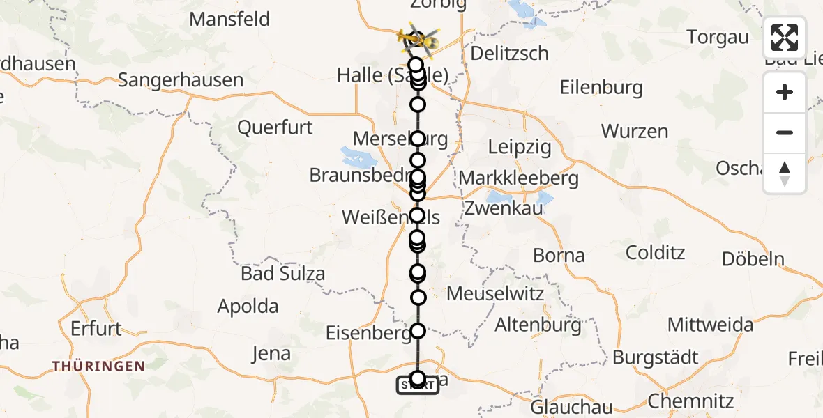Flugroute Rettungshubschrauber SRH Wald-Klinikum Gera Hospital - Halle-Oppin Flugplatz, 08 Mai 2026, 10:56