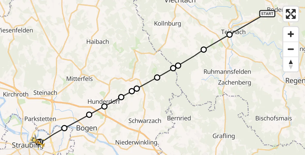 Flugroute Rettungshubschrauber Bodenmais - Sankt Elisabeth Hospital Straubing, 08 Mai 2026, 10:57