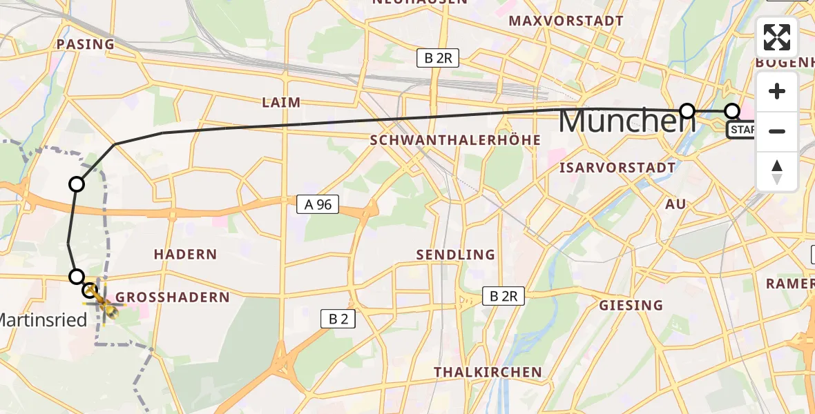 Flugroute Rettungshubschrauber Rechts der Isar University Hospital - DRF Air Rescue München Hubschrauberlandeplatz, 08 Mai 2026, 11:05