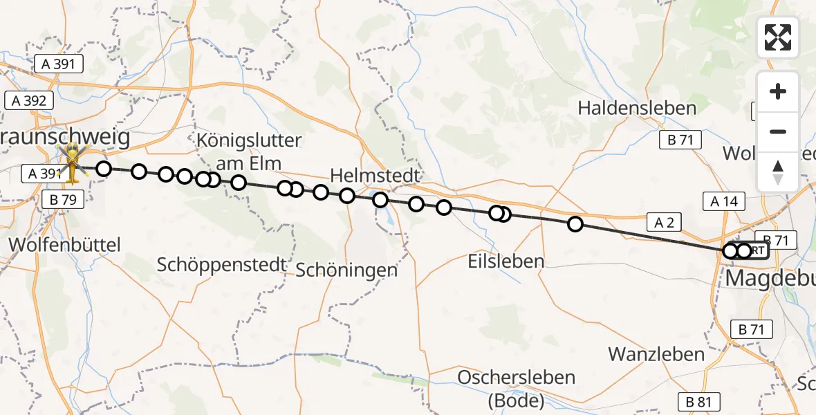 Flugroute Rettungshubschrauber Magdeburg Hospital - Braunschweig, 08 Mai 2026, 11:07