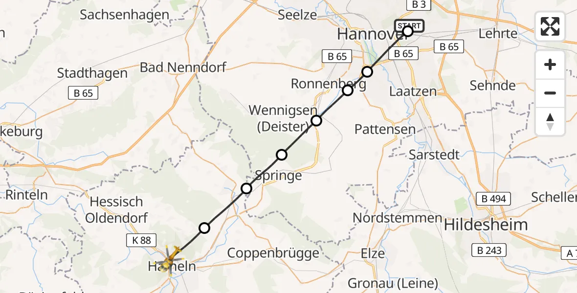 Flugroute Rettungshubschrauber Hannover Luftrettung Hubschrauberlandeplatz (Christoph 4) - Hameln, 08 Mai 2026, 11:12