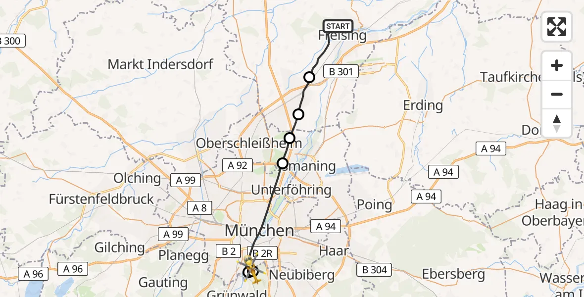Flugroute Rettungshubschrauber Freising - ADAC Air Rescue Center Hubschrauberlandeplatz (Christoph 1), 08 Mai 2026, 11:14