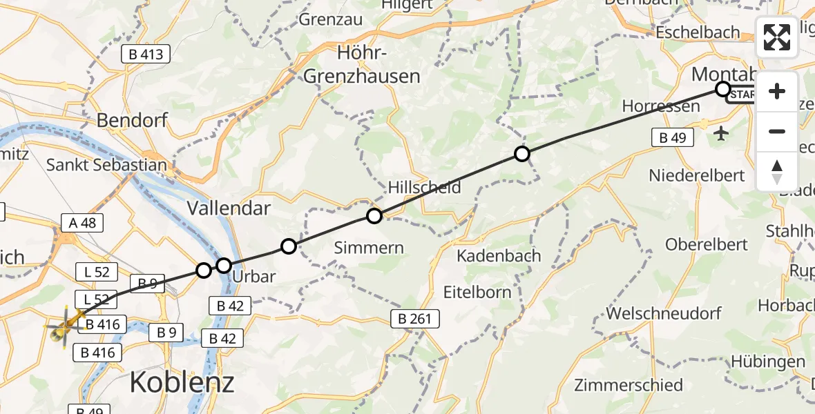 Flugroute Rettungshubschrauber Catholic Hospital Koblenz-Montabaur - Koblenz, 08 Mai 2026, 11:14