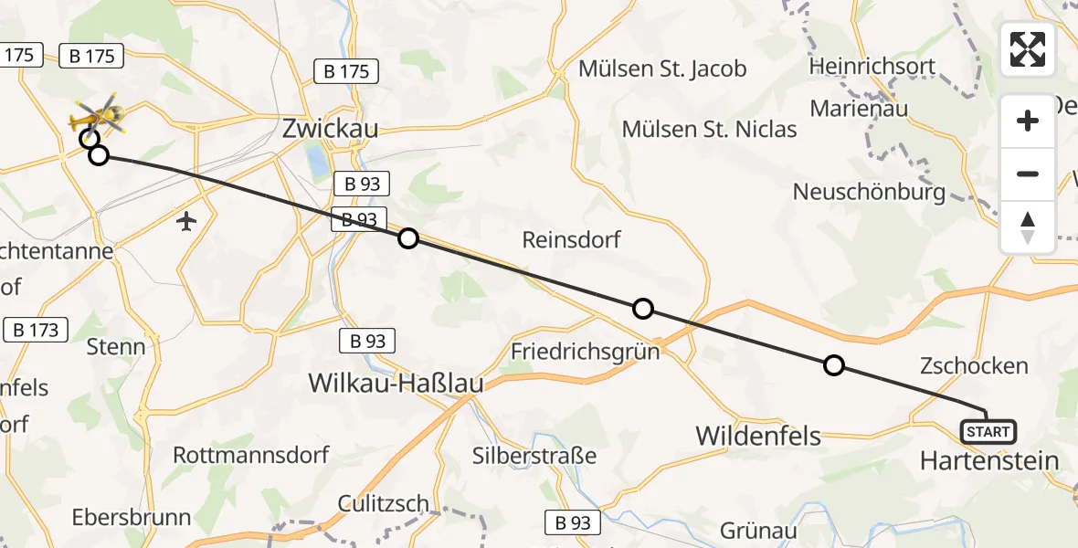 Flugroute Rettungshubschrauber Hartenstein - ADAC Air Rescue Station Zwickau Hubschrauberlandeplatz, 08 Mai 2026, 11:14