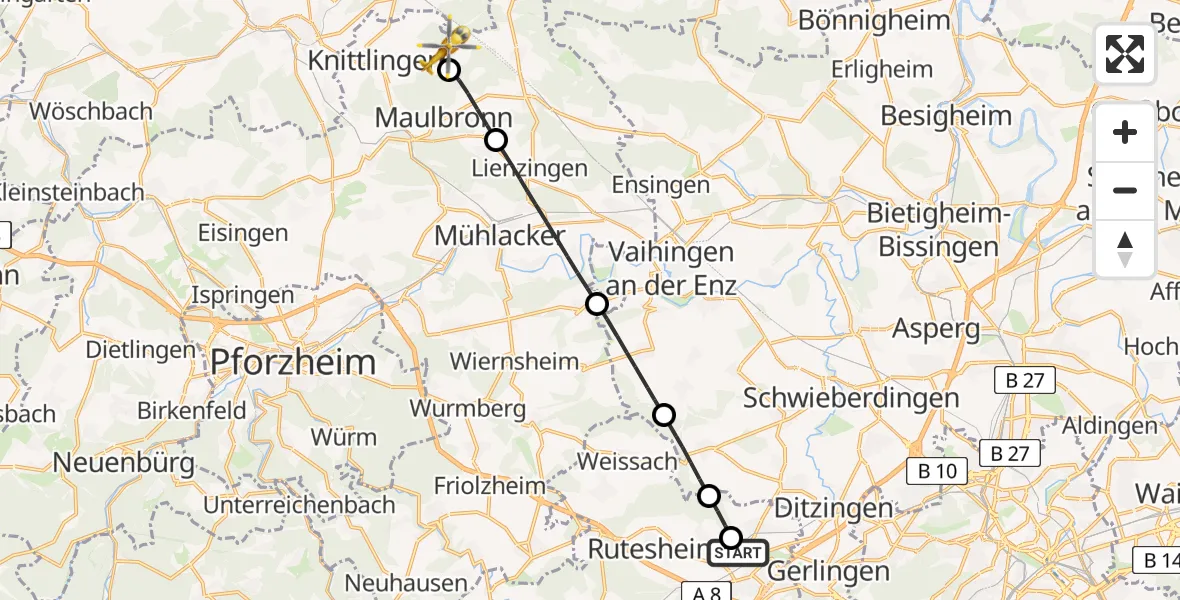 Flugroute Rettungshubschrauber Leonberg Hospital - Knittlingen, 08 Mai 2026, 11:15
