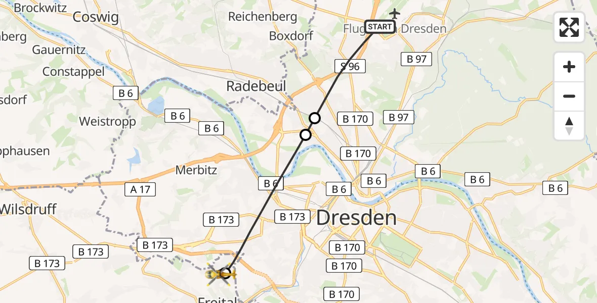 Flugroute Rettungshubschrauber Dresden - Freital, 08 Mai 2026, 11:15