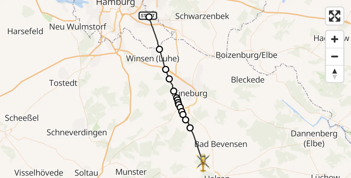 Flugroute Rettungshubschrauber Christoph Hansa ADAC Hubschrauberlandeplatz - Ebstorf, 08 Mai 2026, 11:18
