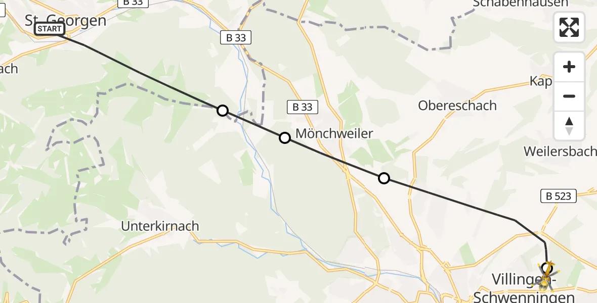 Flugroute Ambulanzhubschrauber St. Georgen im Schwarzwald - DRF Air Rescue Station Villingen-Schwenningen Hubschrauberlandeplatz (Christoph 11), 08 Mai 2026, 11:19