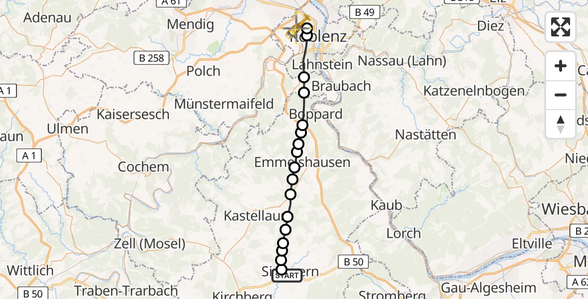 Flugroute Rettungshubschrauber Simmern/Hunsrück - Koblenz, 08 Mai 2026, 11:20