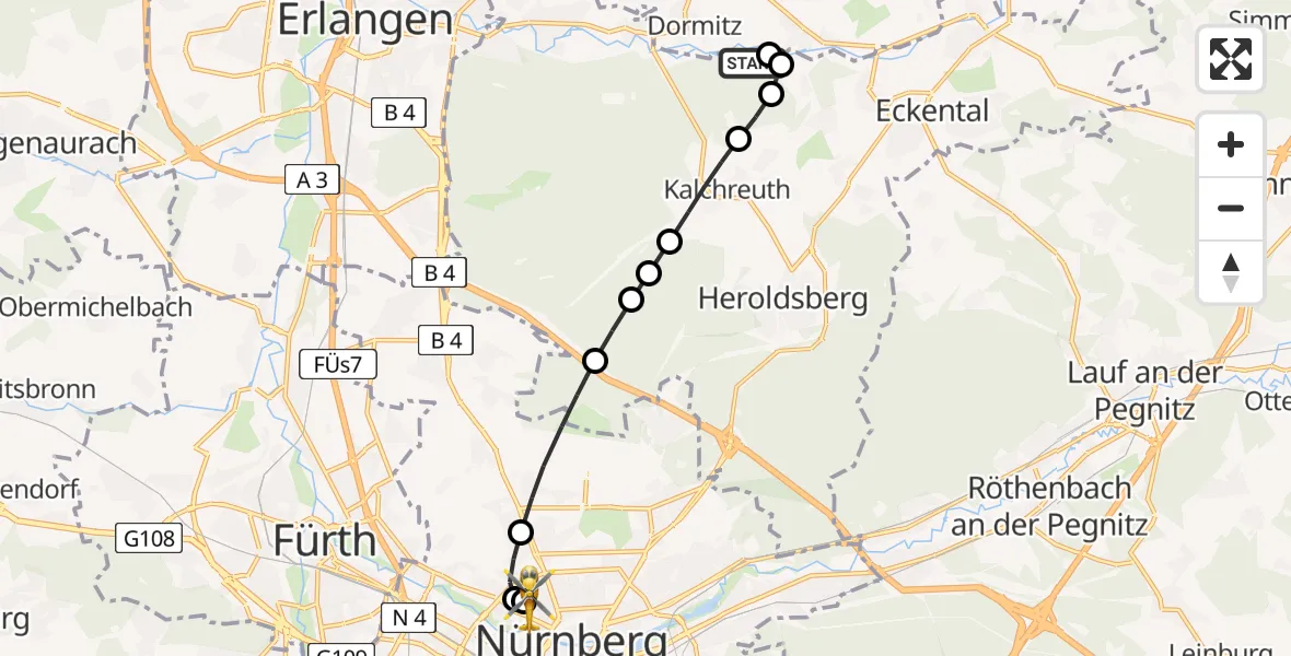 Flugroute Rettungshubschrauber Kalchreuth - Nürnberg North Hospital, 08 Mai 2026, 11:21