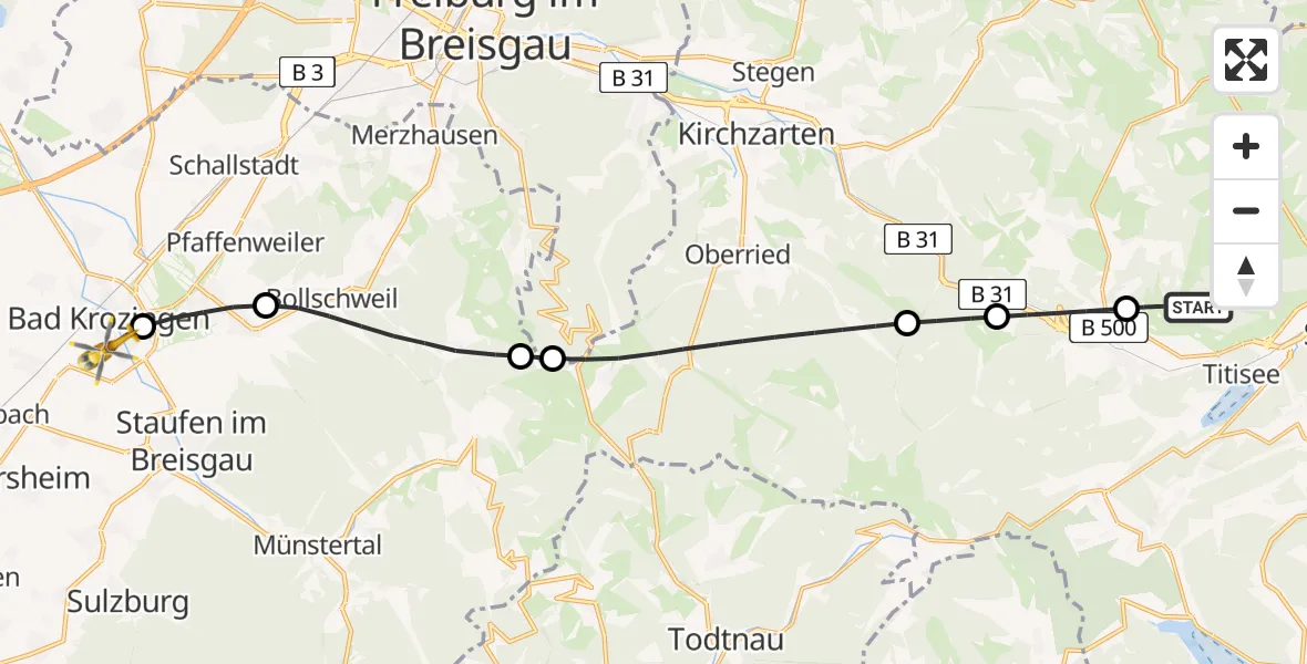 Flugroute Rettungshubschrauber Titisee-Neustadt - Bad Krozingen, 08 Mai 2026, 11:24