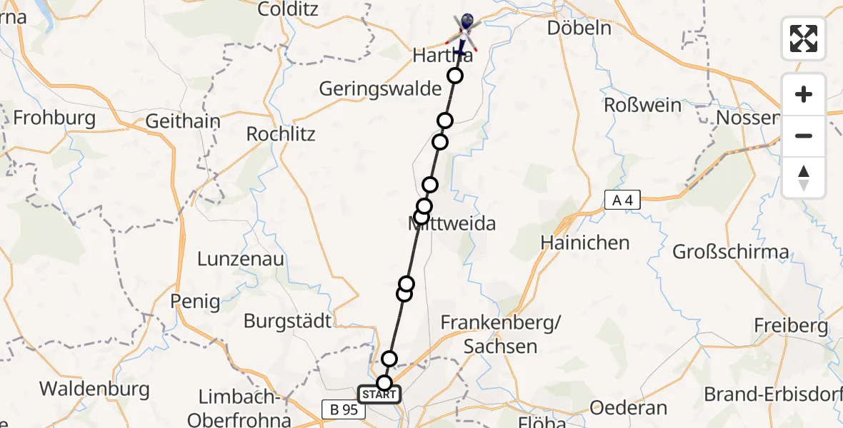 Flugroute Polizeihubschrauber Chemnitz-Glösa Industrial Park Hubschrauberlandeplatz - Hartha, 08 Mai 2026, 11:37