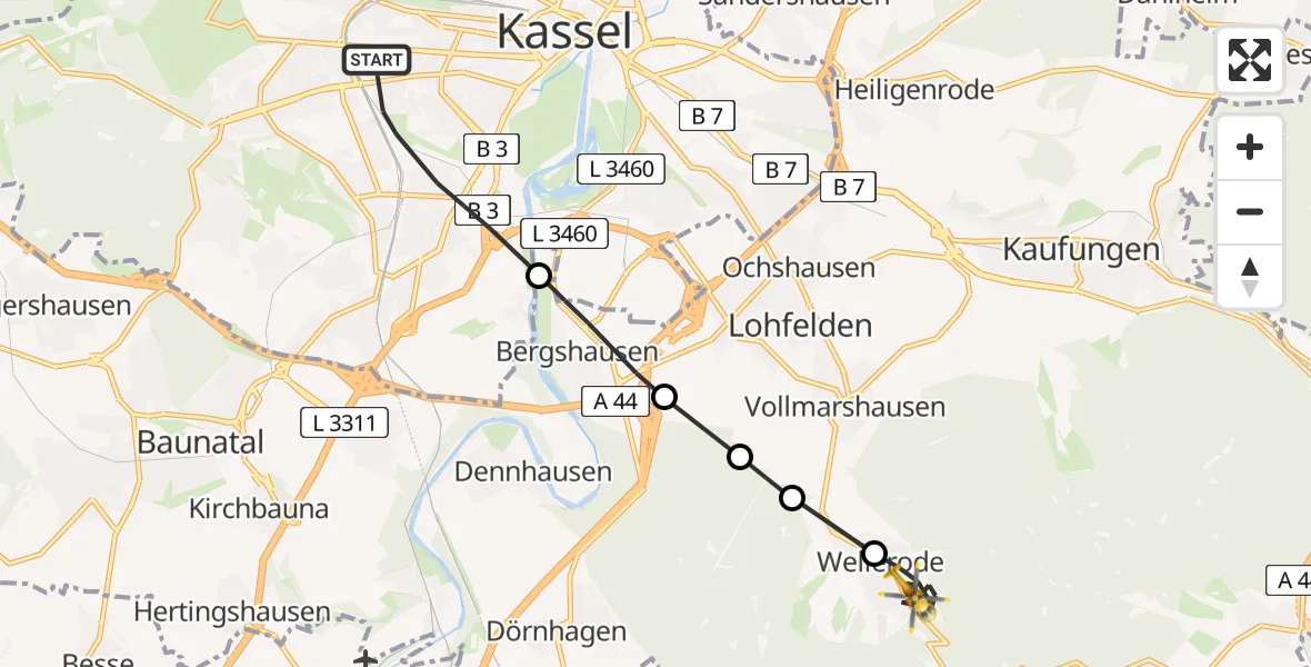 Flugroute Rettungshubschrauber Kassel - Söhrewald, 08 Mai 2026, 11:38