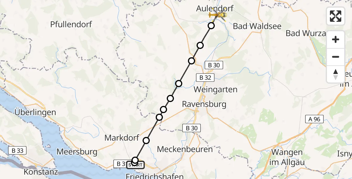 Flugroute Rettungshubschrauber Friedrichshafen Hospital - Aulendorf, 08 Mai 2026, 11:38