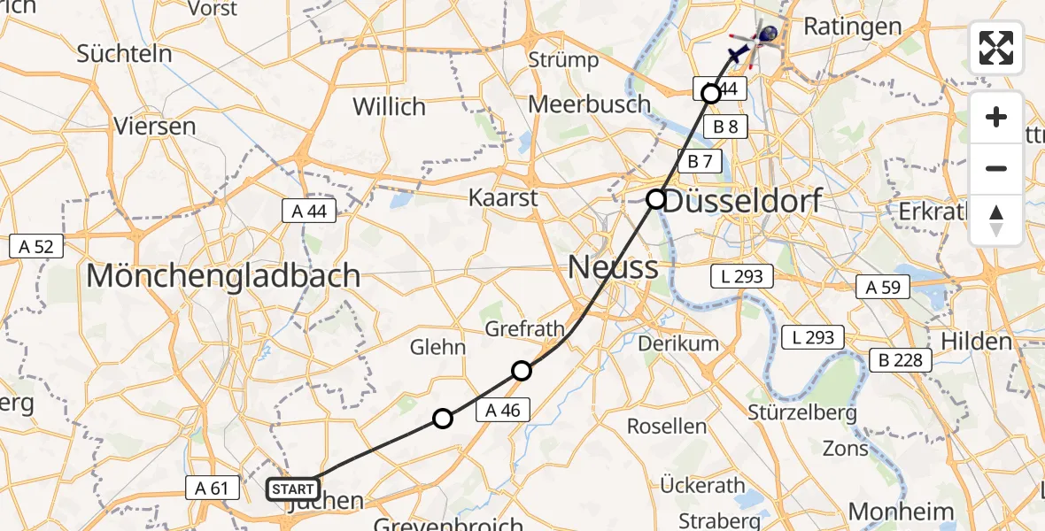 Flugroute Polizeihubschrauber Jüchen - Düsseldorf Flughafen, 08 Mai 2026, 11:40
