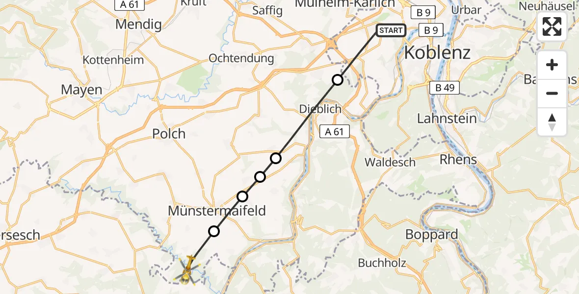 Flugroute Rettungshubschrauber Koblenz - Wierschem, 08 Mai 2026, 11:40