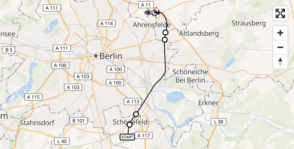Flugroute Polizeihubschrauber Berlin Brandenburg Flughafen - Ahrensfelde Hubschrauberlandeplatz, 08 Mai 2026, 11:44