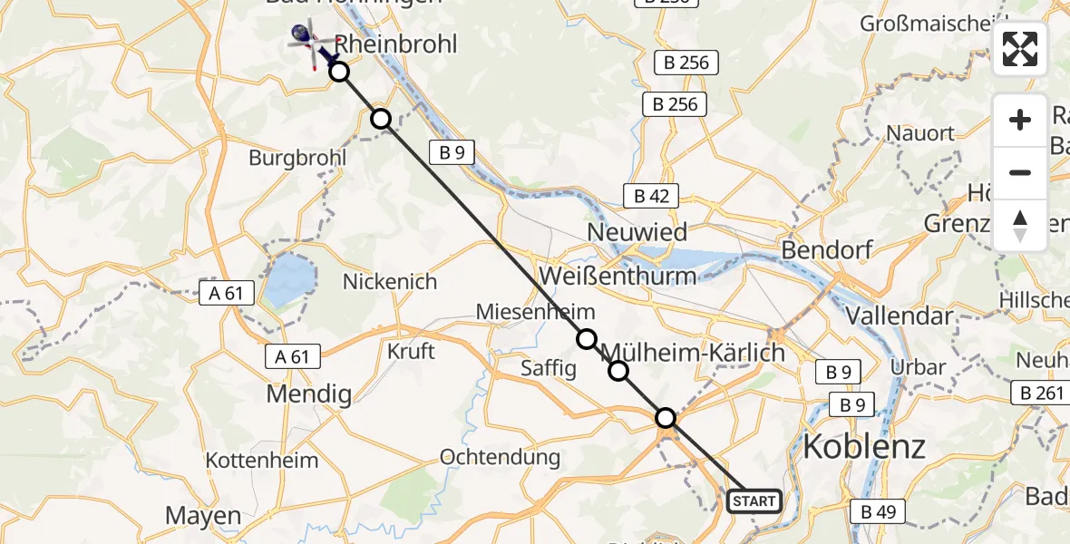 Flugroute Polizeihubschrauber Koblenz - Bad Breisig, 08 Mai 2026, 11:45
