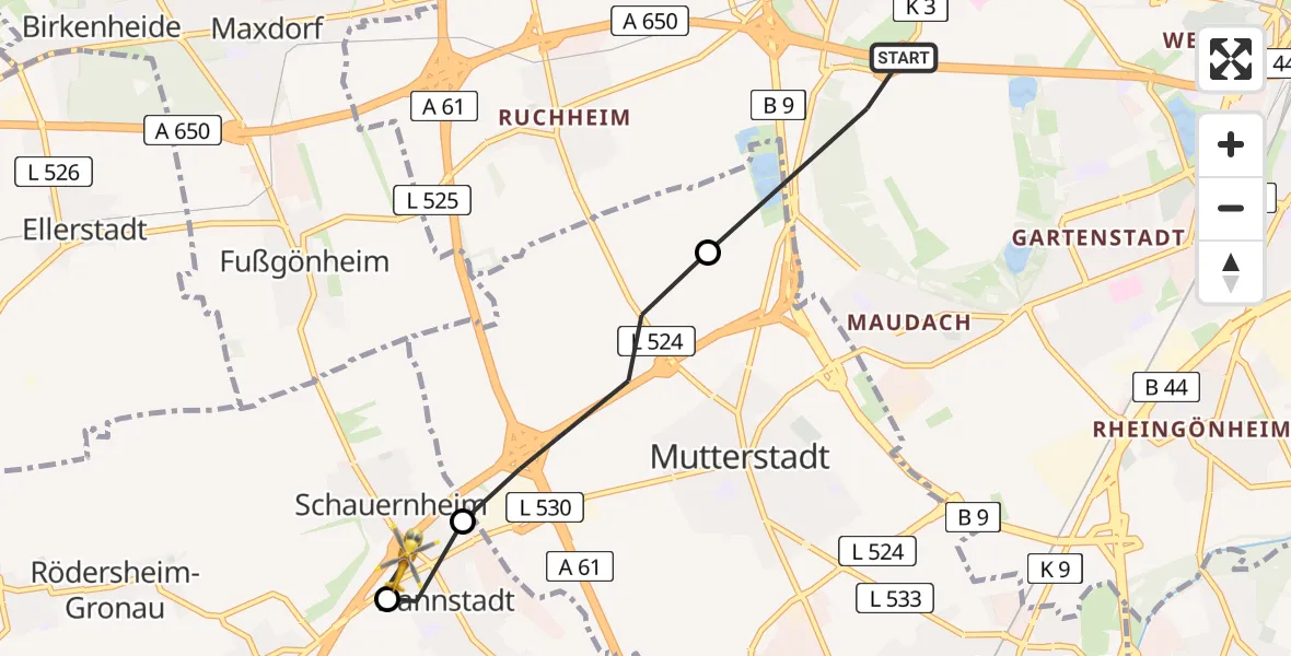 Flugroute Rettungshubschrauber Ludwigshafen am Rhein - Dannstadt-Schauernheim, 08 Mai 2026, 11:46