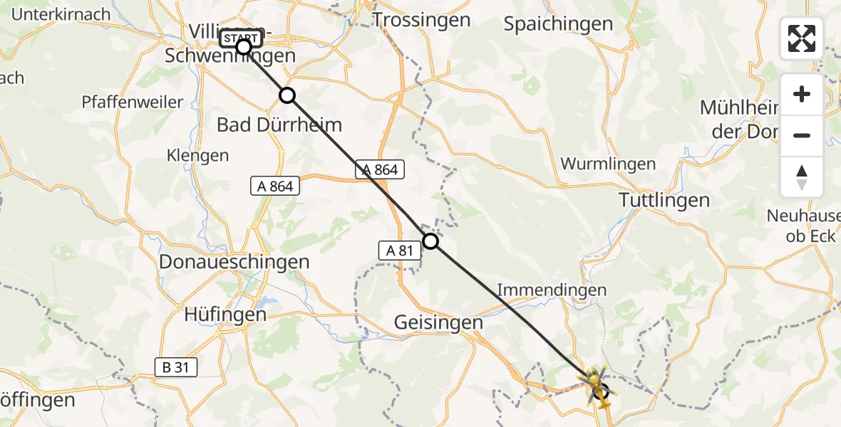 Flugroute Ambulanzhubschrauber DRF Air Rescue Station Villingen-Schwenningen Hubschrauberlandeplatz (Christoph 11) - Engen, 08 Mai 2026, 11:55