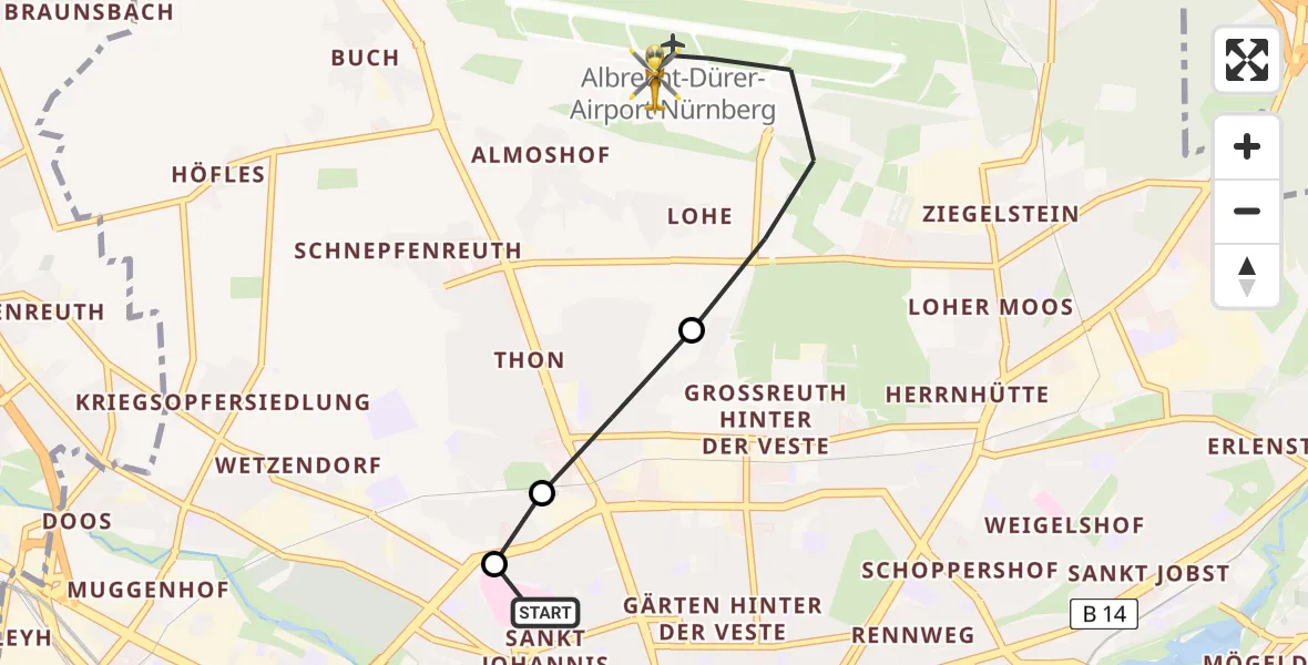 Flugroute Rettungshubschrauber Nürnberg North Hospital - Flughafen Nuremberg, 08 Mai 2026, 11:57