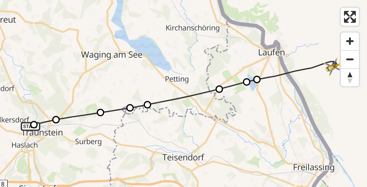 Flugroute Rettungshubschrauber Traunstein Hospital - Laufen, 08 Mai 2026, 12:05