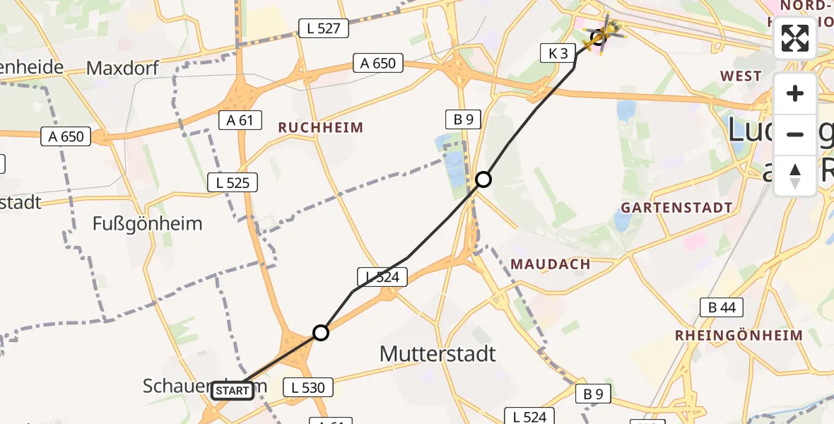 Flugroute Rettungshubschrauber Dannstadt-Schauernheim - Ludwigshafen Accident Hospital, 08 Mai 2026, 12:12