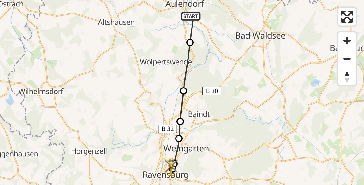 Flugroute Rettungshubschrauber Aulendorf - Sankt Elisabeth Hospital, 08 Mai 2026, 12:16