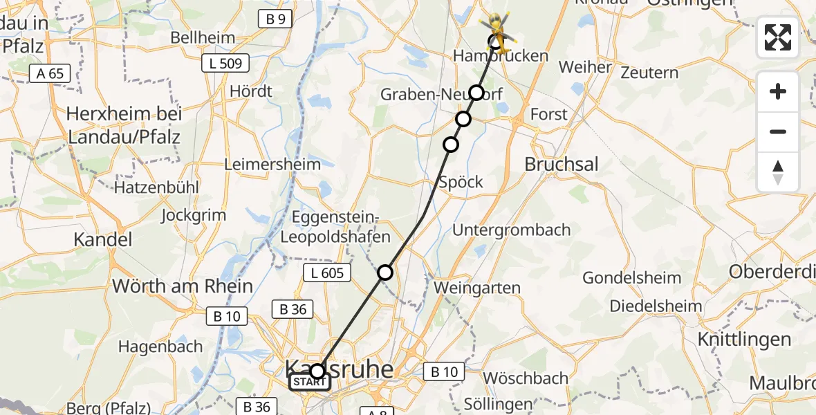 Flugroute Rettungshubschrauber Sankt Vincentius Hospital - Hambrücken, 08 Mai 2026, 12:16