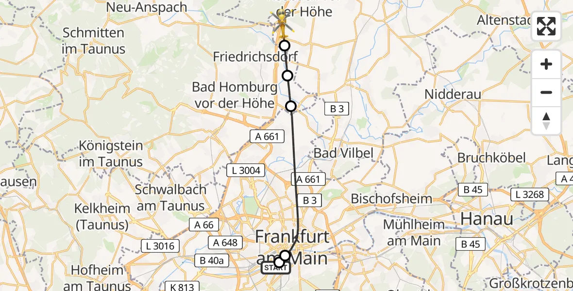 Flugroute Rettungshubschrauber Frankfurt University Hospital - Rosbach v.d.Höhe, 08 Mai 2026, 12:24