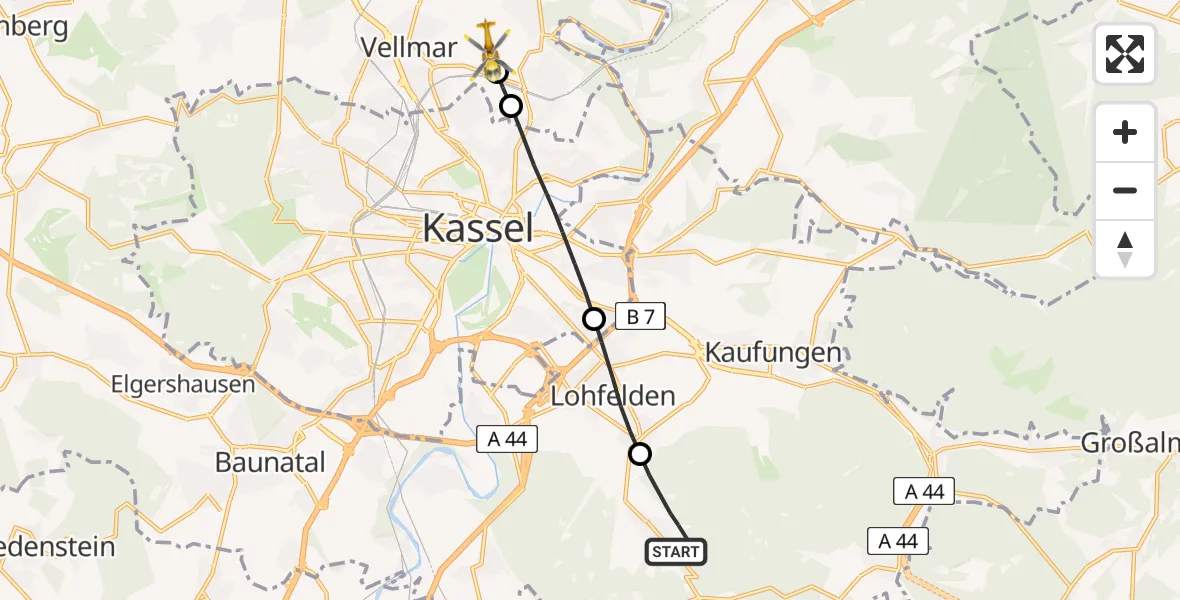 Flugroute Rettungshubschrauber Söhrewald - Fuldatal Bundespolizei Hubschrauberlandeplatz, 08 Mai 2026, 12:29
