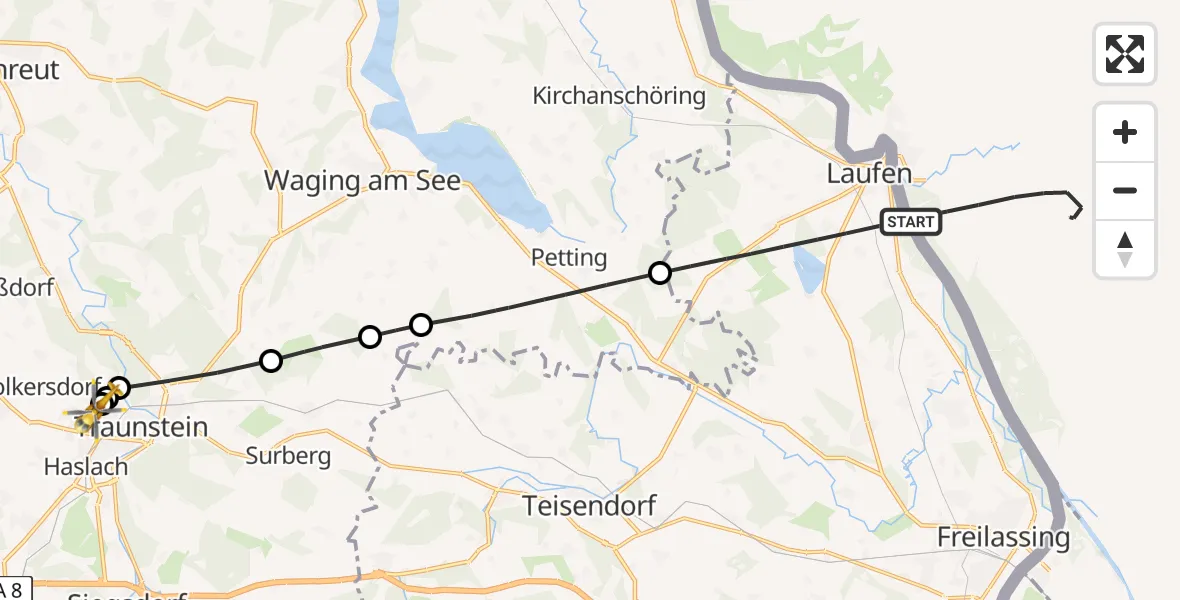 Flugroute Rettungshubschrauber Laufen - Traunstein Hospital, 08 Mai 2026, 12:45